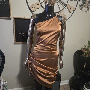 Brown Satin One-Shoulder Ruched Dress | Side Slit | Size Medium